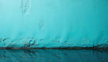 Turquoise textured wall with water reflection at the base