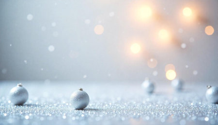 Sparkling silver Christmas ornaments on glittering surface with bokeh lights