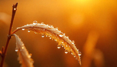 Golden wheat stalk covered in morning dew droplets shinesの写真素材