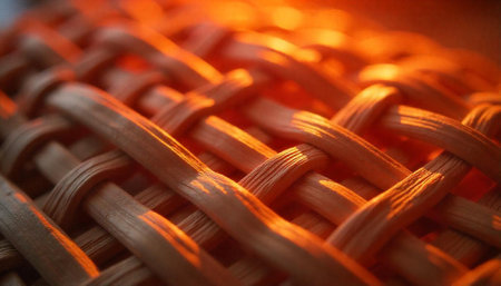 Abstract close-up of woven wicker basket texture with warm light