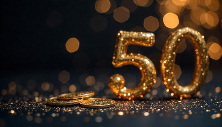 Elegant Golden Number Fifty Celebration with Coins and Bokehの写真素材