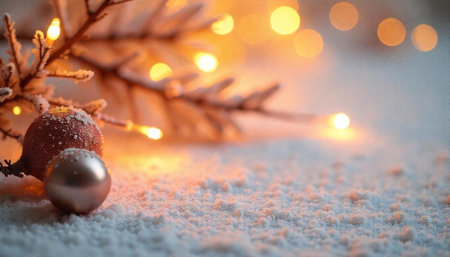 Festive Christmas ornaments amidst snow and glowing string lightsの写真素材