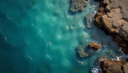 Aerial view of rocky coastline meeting the turquoise oceanの写真素材