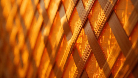 Golden Weave: Abstract Pattern of Interwoven Wooden Stripsの写真素材