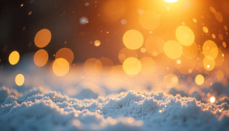 Winter snow under the golden light of setting sunの写真素材