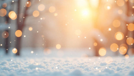 Winter landscape with golden bokeh lights and snow foregroundの写真素材