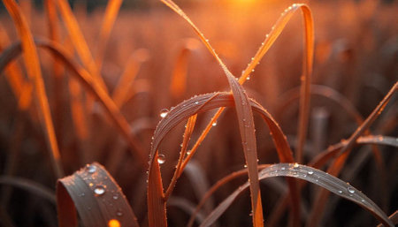 Sunrise light catches dew drops on curved blades of grass