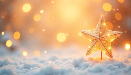 Glowing star on snow with warm bokeh background image