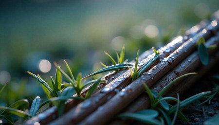 Fresh Green Sprouts Growing Amongst Wood with Water Droplets