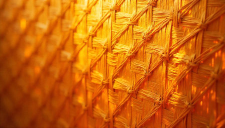 Woven orange rattan texture pattern background close-up macro shotの写真素材