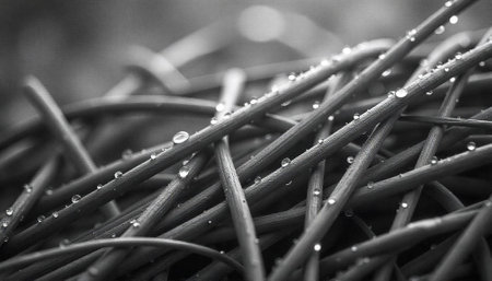 Monochrome image of water droplets on intertwined plant stemsの写真素材