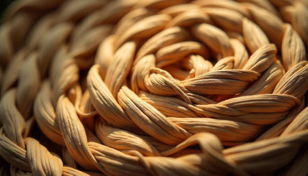 Woven texture close-up showing a circular pattern in yellowの写真素材