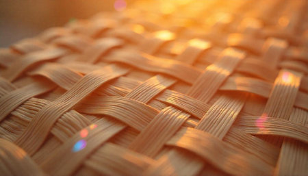 Close up of Woven Straw Pattern Bathed in Golden Lightの写真素材