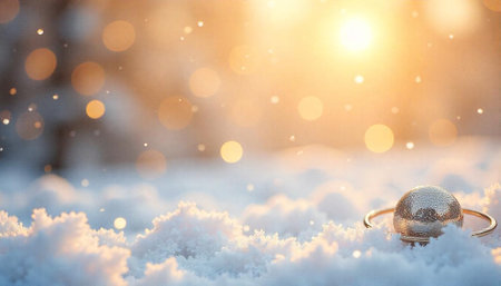 Golden Christmas ornament on snow with light flares backdropの写真素材