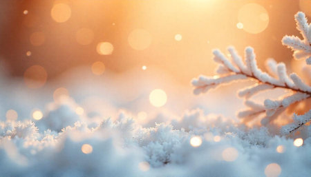 Winter frosted details with bokeh and warm sunlight glowの写真素材