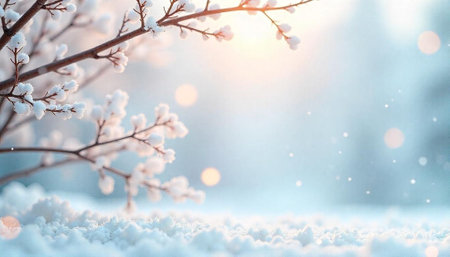 Winter Branches with Snowy Bokeh and White Background