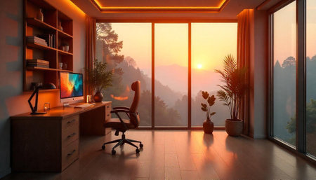 Serene home office bathed in warm sunset lightの写真素材