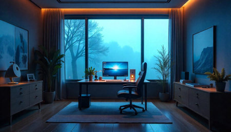 Modern home office setup with natural view and lighting