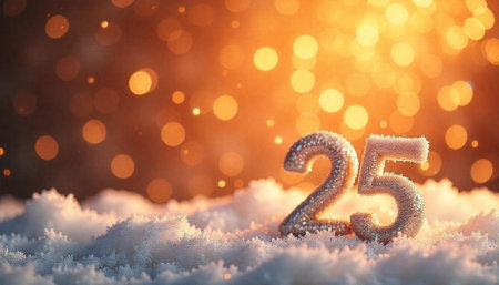Sparkling twenty-five in snow with warm bokeh backgroundの写真素材