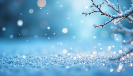 Winter scene with snow-covered branches and bokeh lights effectの写真素材
