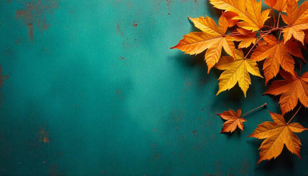 Fall leaf arrangement on textured teal surface backgroundの写真素材