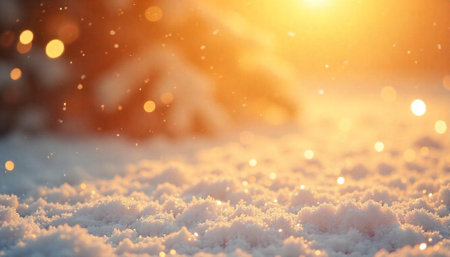 Sparkling snow surface at sunset with bokeh effectsの写真素材