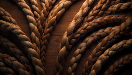 Braided rope background, textured brown surface, converging compositionの写真素材
