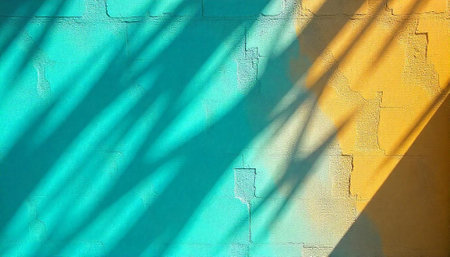 Textured teal and yellow wall with shadow overlay imageの写真素材