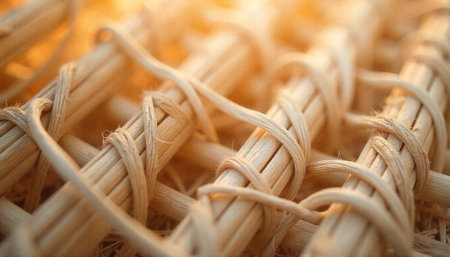 Macro shot of interlaced wicker pattern with warm lightingの写真素材