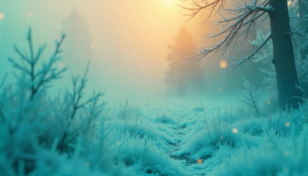 Tranquil winter landscape with frosted plants and soft lightの写真素材