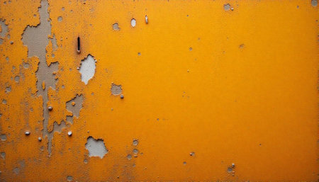 Weathered mustard surface showing peeling paint texture details