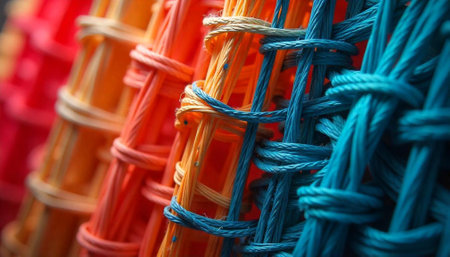 Colorful woven ropes creating an abstract textured background imageの写真素材