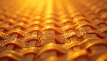 Golden woven pattern with warm, inviting sunshine lighting effectの写真素材