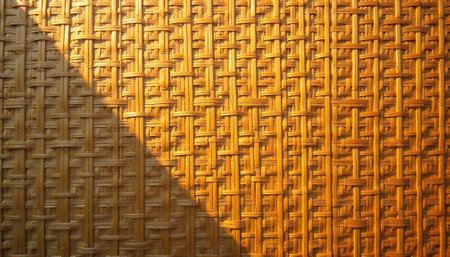 Close-up of woven wicker surface illuminated by sunlight