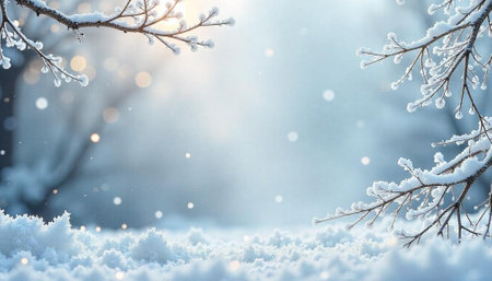 Winter wonderland scene with snow-covered branches and soft lightの写真素材