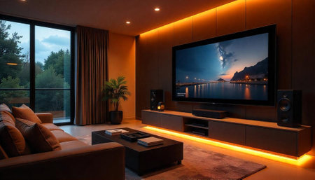 Modern living room interior with large television screen displayの写真素材
