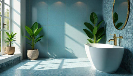 Bright, modern bathroom with freestanding tub and plants