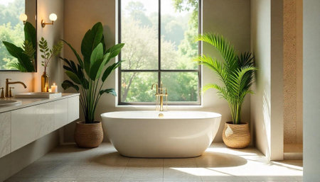 Elegant contemporary bathroom featuring a soaking tub and greeneryの写真素材