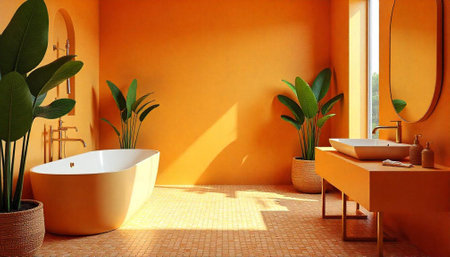 Orange bathroom interior with modern bathtub and houseplantsの写真素材