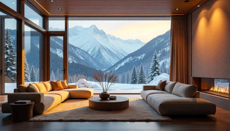 Modern living room interior with mountain view and fireplaceの写真素材