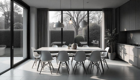 Modern dining room interior with view to outdoor garden