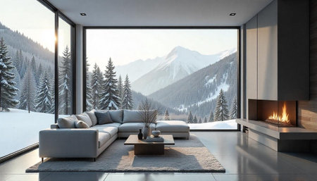 Modern living room with snowy mountain view and fireplaceの写真素材