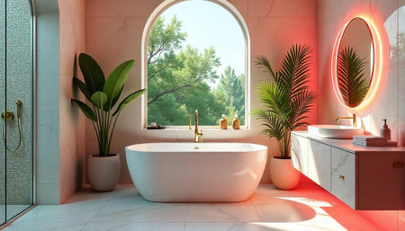 Elegant bathroom featuring modern fixtures and nature-inspired aestheticsの写真素材
