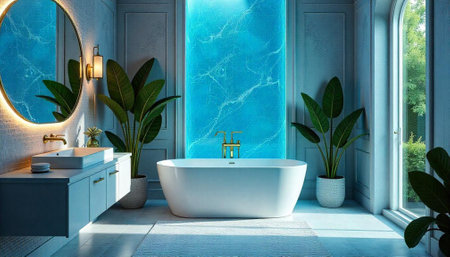 Modern bathroom interior showcasing freestanding tub and plant decorの写真素材