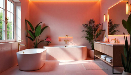 Elegant bathroom interior design with plants and soft lighting