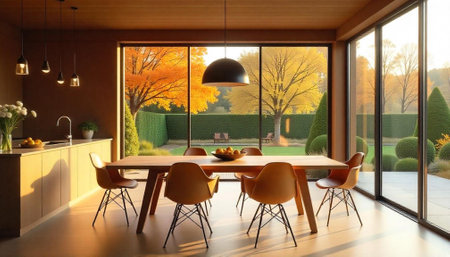 Modern dining room interior with autumn garden viewの写真素材