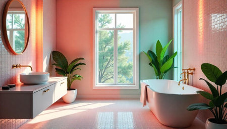 Tranquil bathroom interior with nature views and warm tonesの写真素材