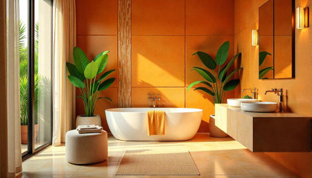 Warm modern bathroom interior with soaking tub and plantsの写真素材