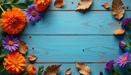 Autumnal flowers and dry leaves on wooden blue backgroundの写真素材