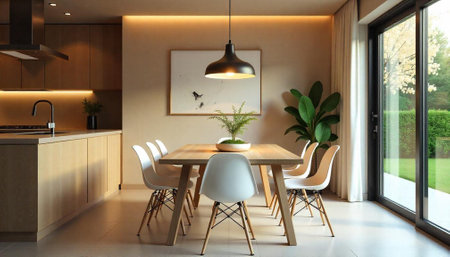 Modern minimalist dining room with natural light and textures